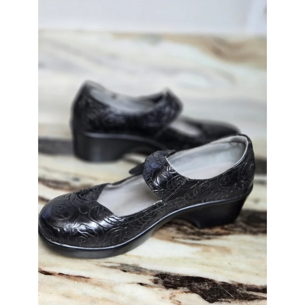 Alegria ELL-541 Black Leather Floral Embossed Mary Jane Wedge Shoes Womens 38